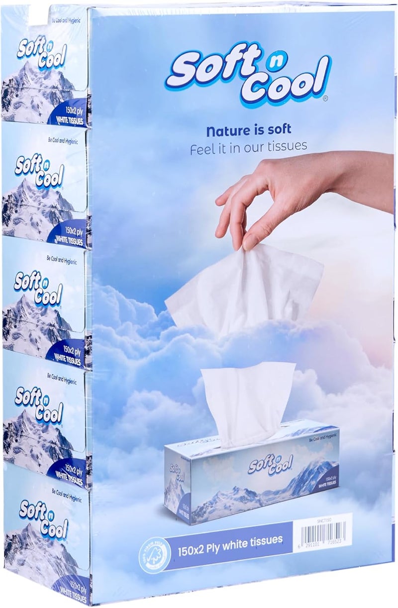 Soft n Cool Highly Absorbent Facial Tissues - 150 Sheets x 2 Ply, 5 Boxes - Image 1